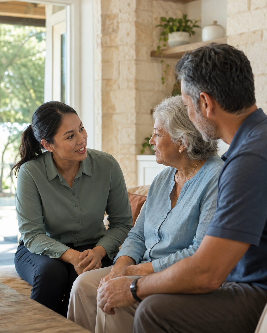 A Jubilant clinician speaking with an older adult and a family member in a bright home setting.