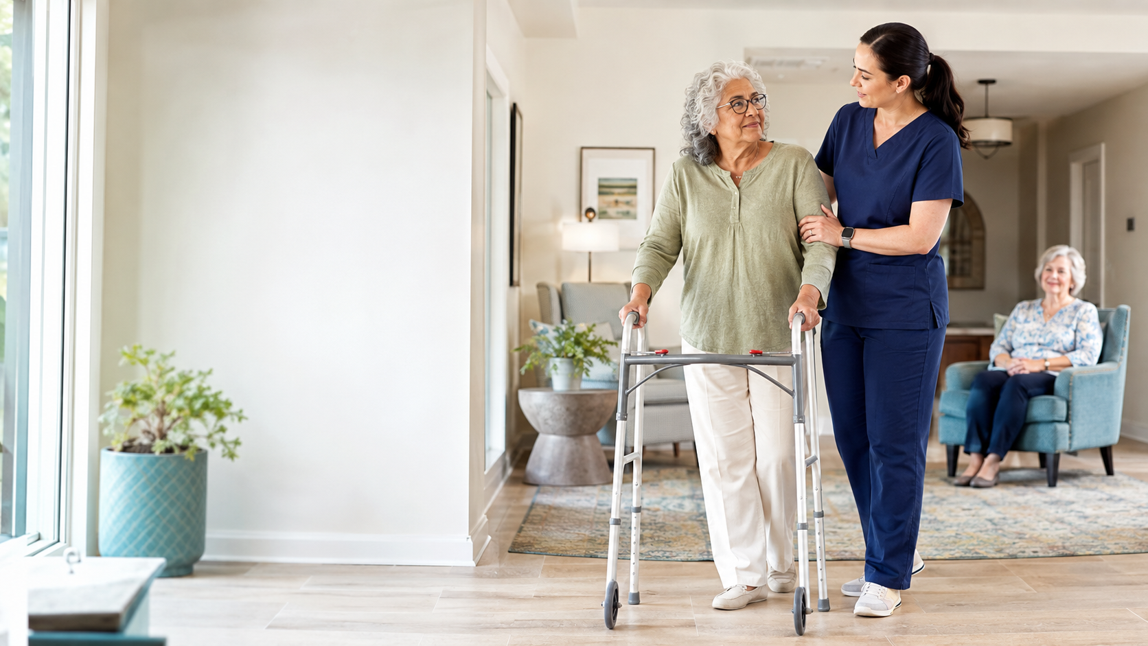 A physical therapist supporting an older adult using a rolling walker in a bright senior living community.