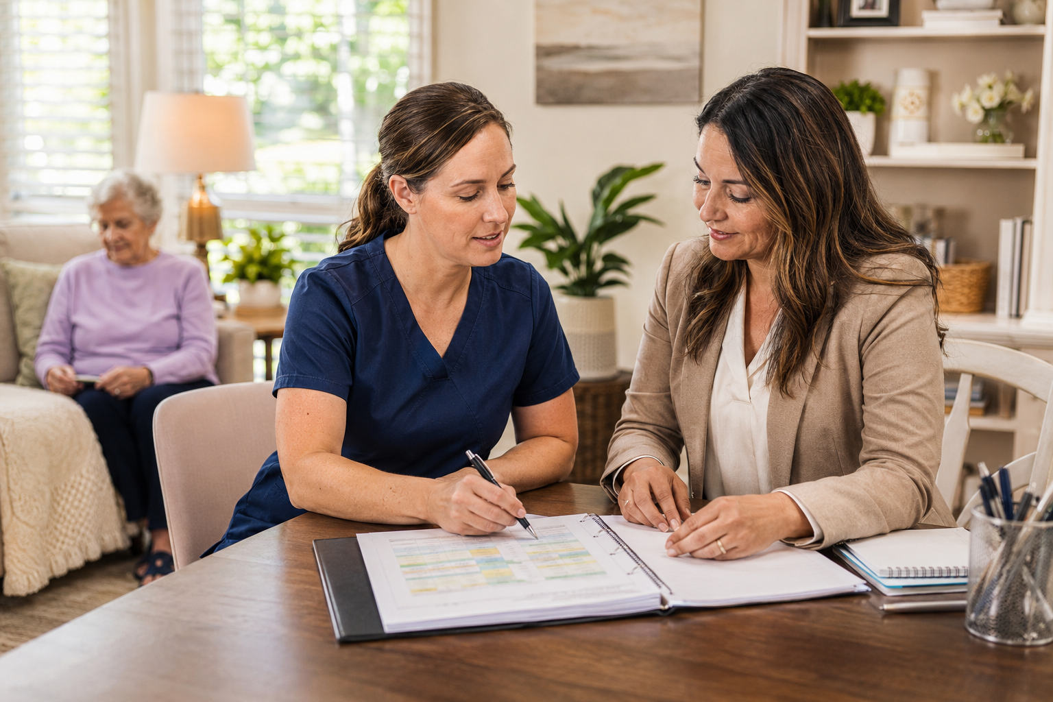 A rehabilitation clinician and care leader coordinating a care plan in a bright senior living setting.