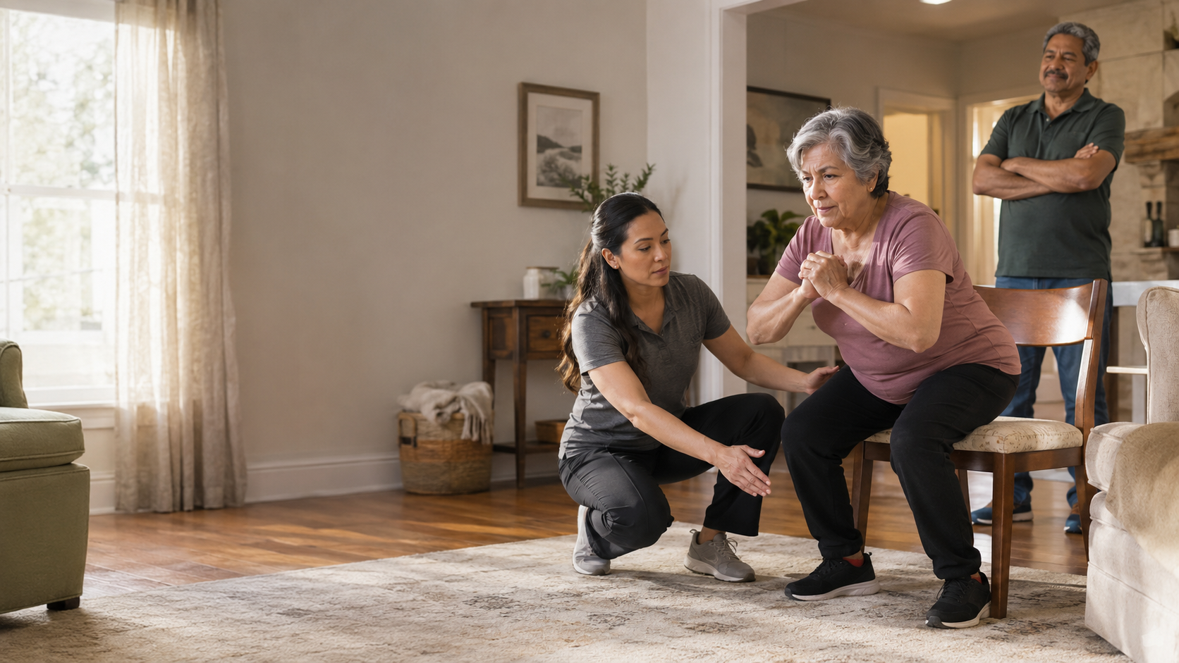 An older adult practicing a functional movement with a physical therapist in a bright home setting.
